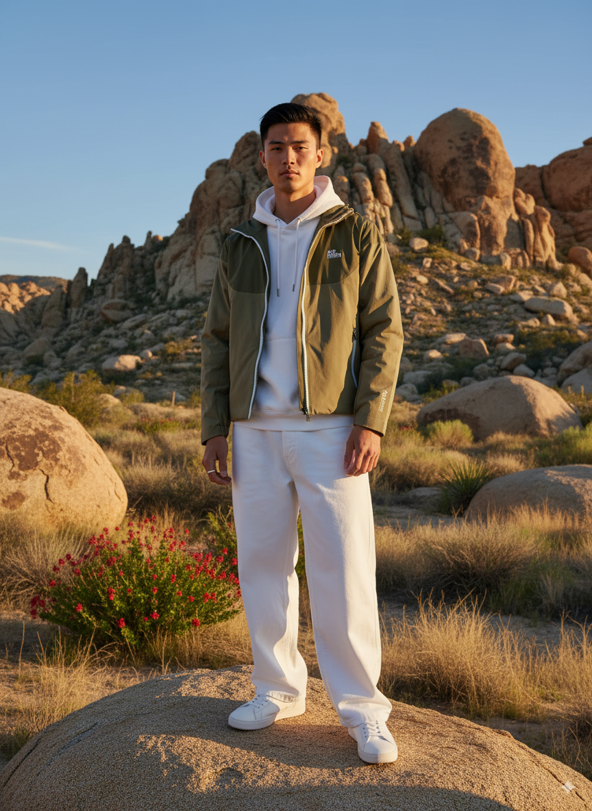 Athlete standing in the mountains wearing the Airborn Jacket